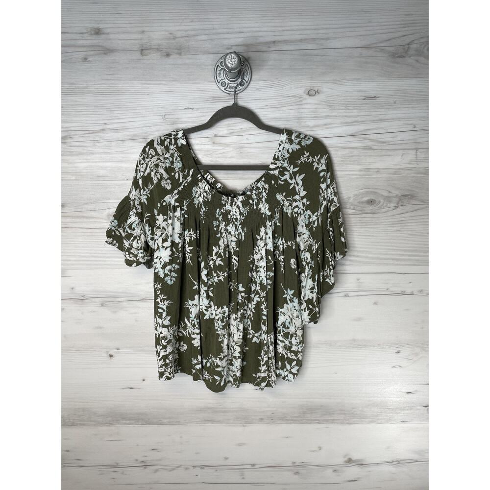 a.n.a A New Approach Shirt Womens Large Olive Green Floral Boho Peasant‎ Flutter
